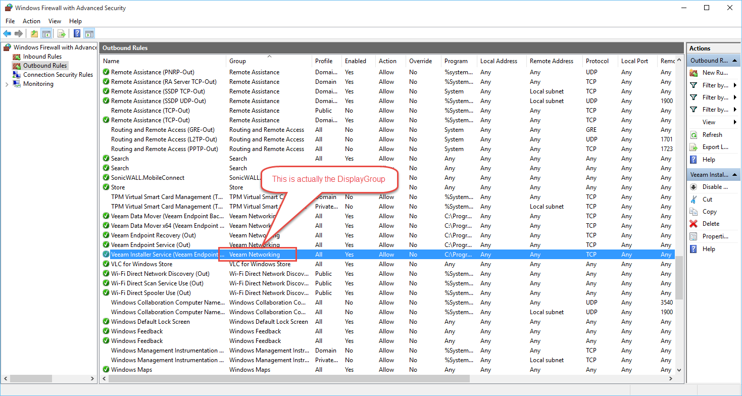 WFAS UI showing the DisplayGroup (labeled as Group)