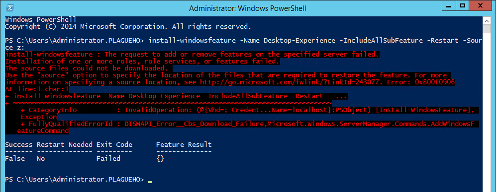 Install Feature with PowerShell and specifing a valid source - failure.