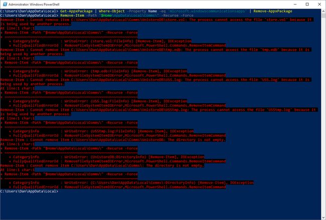 Deleting the Comms folder – some files can't be deleted; this is OK