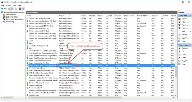 WFAS UI showing the DisplayGroup (labeled as Group)