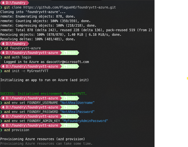 The commands used to deploy the Foundry VTT solution accelerator The commands used to deploy the Foundry VTT solution accelerator