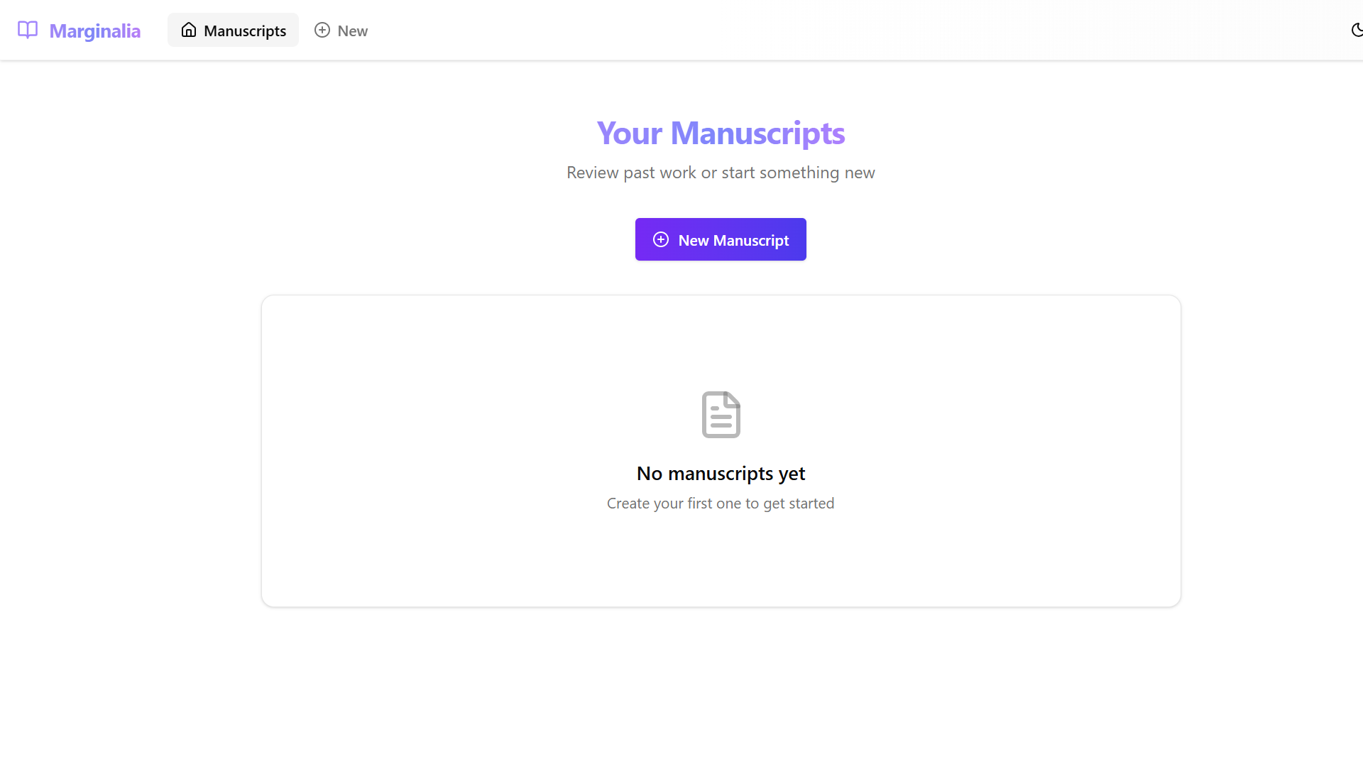 Home page showing empty manuscript list
