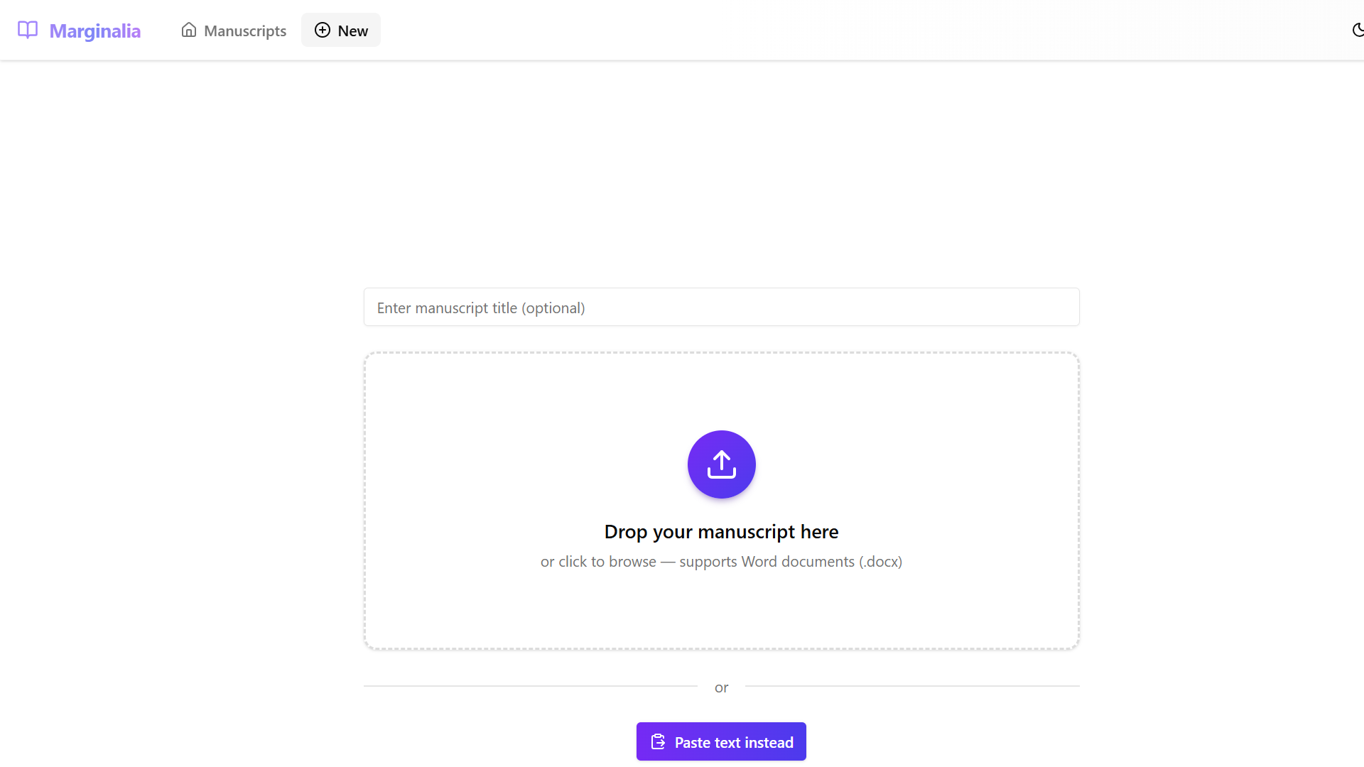 New manuscript page with upload and paste options