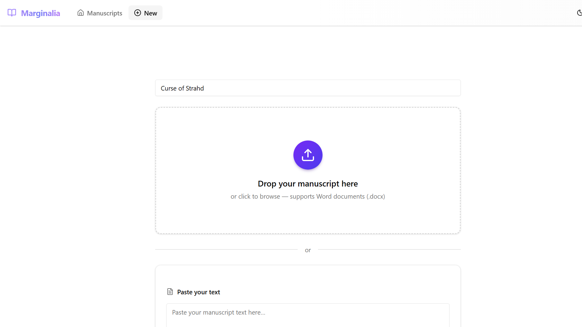 Paste text panel expanded with title entered
