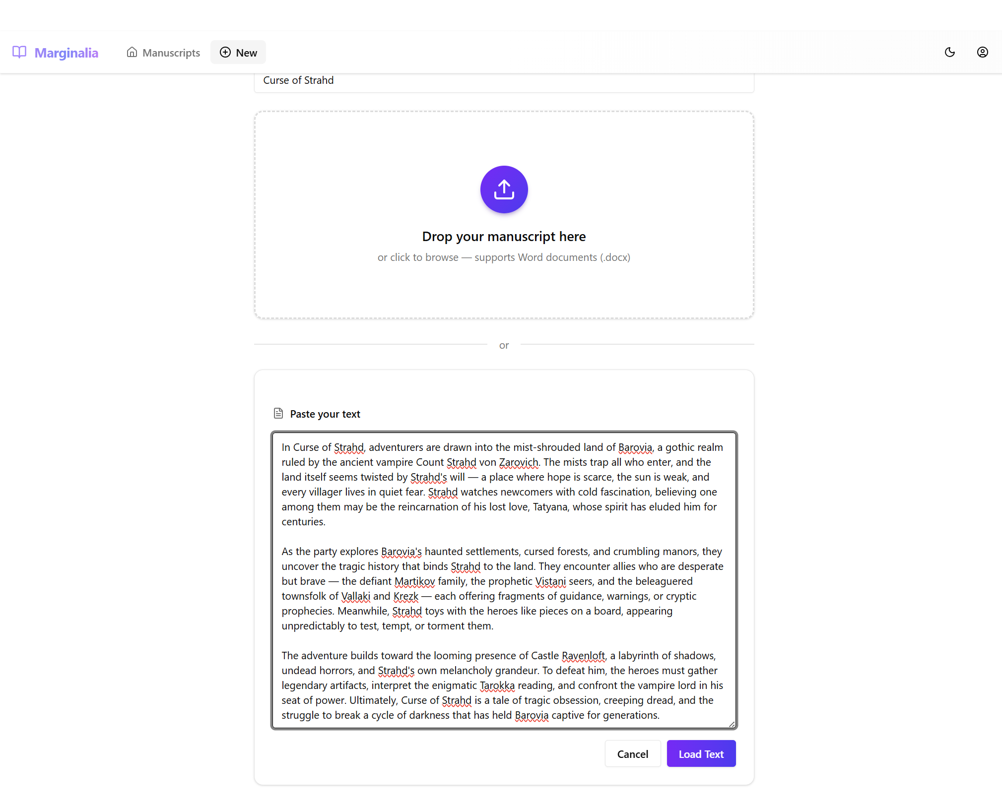 Text pasted into the text area ready to load