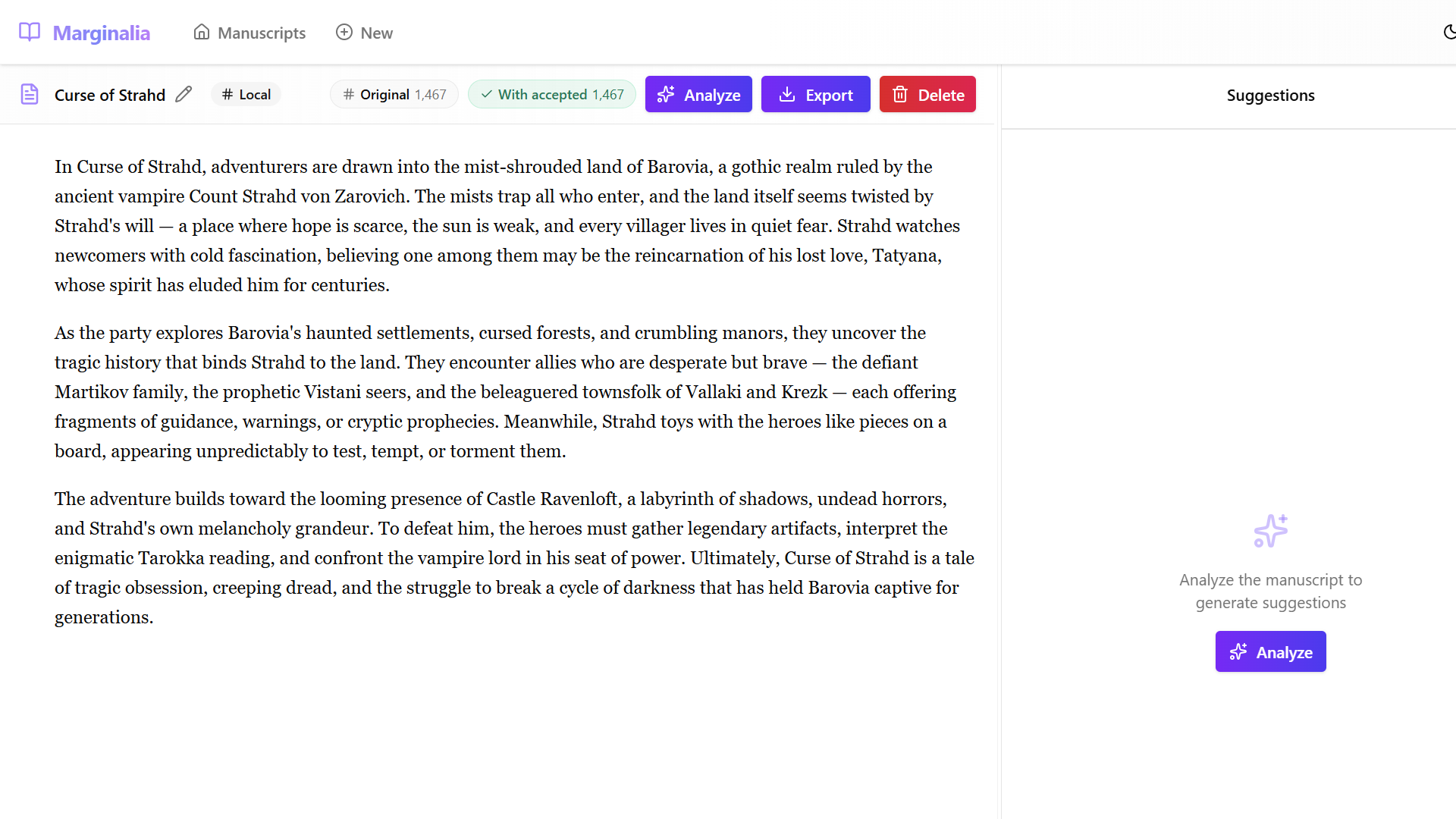 Editor view with loaded manuscript and empty suggestions panel