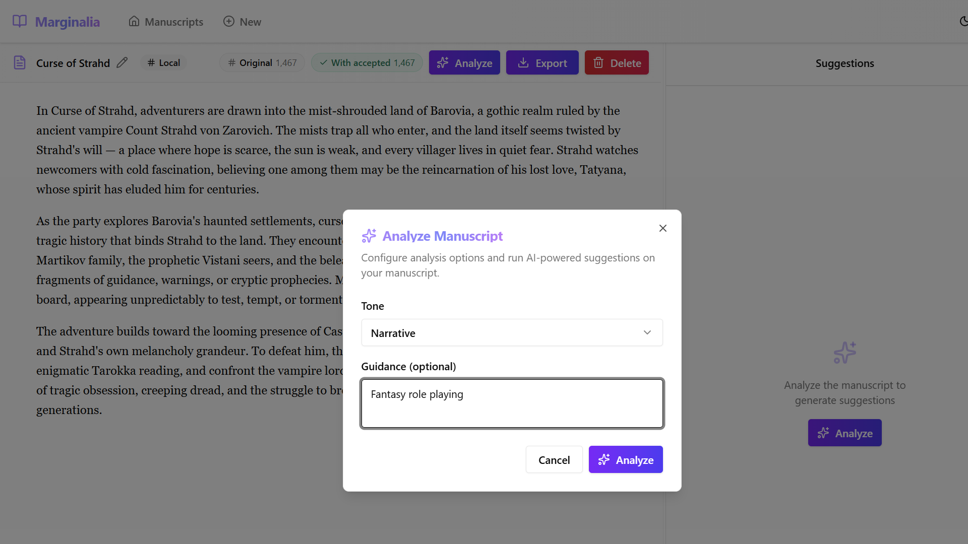 Analyze dialog configured with Narrative tone and guidance