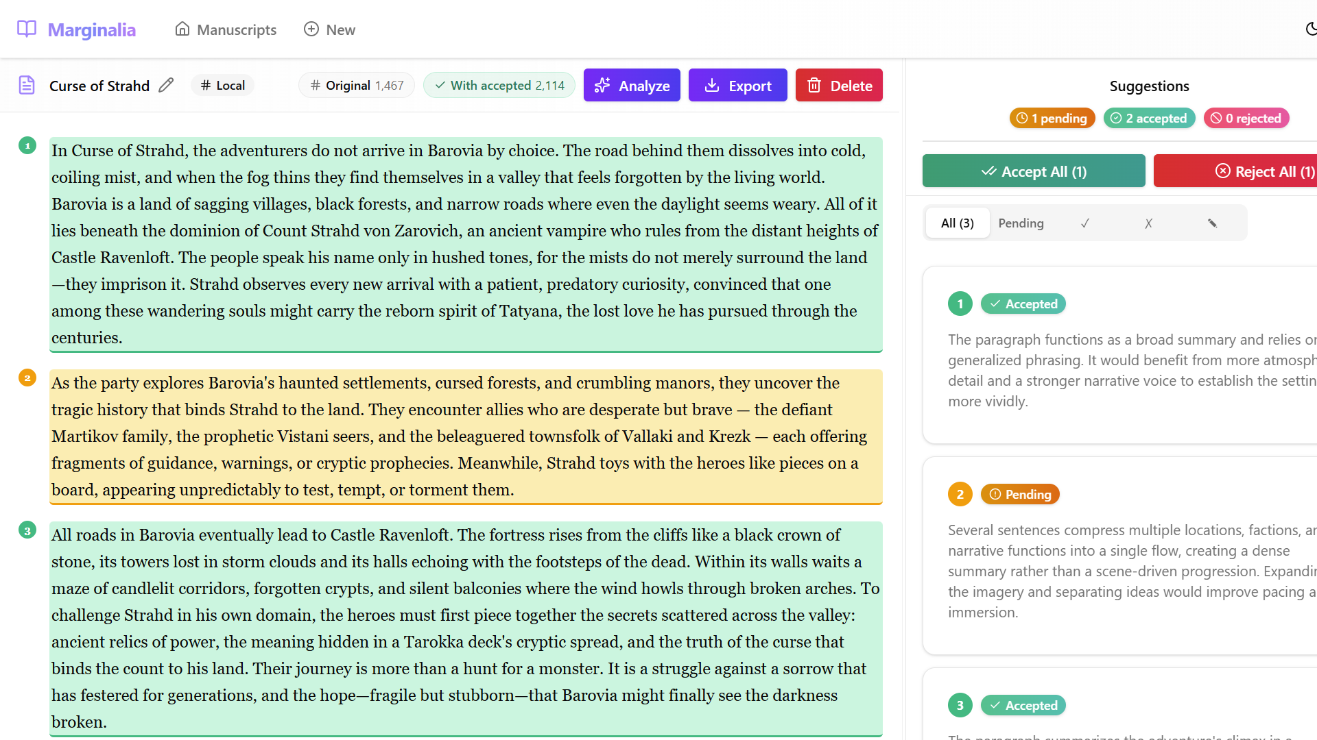 Editor showing 2 accepted and 1 pending suggestion before re-analysis