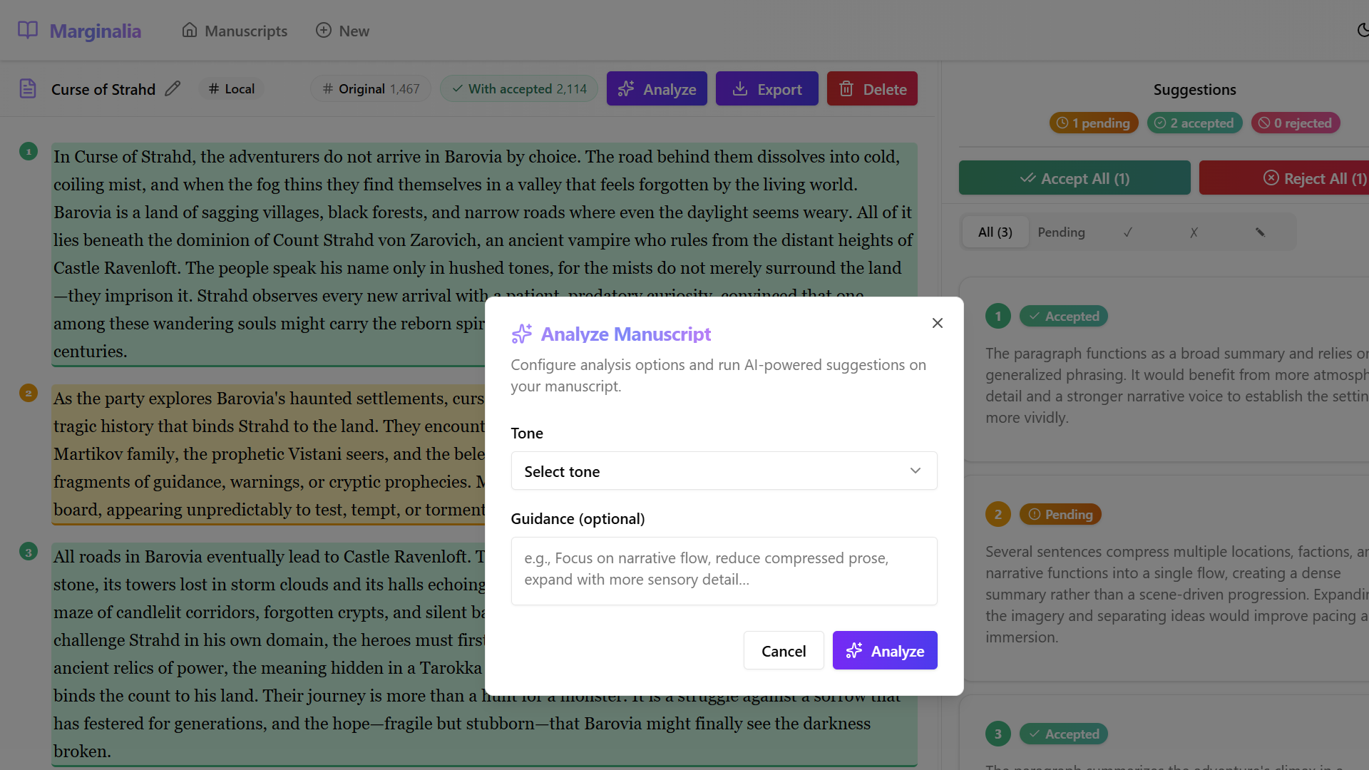 Analyze dialog opened for re-analysis