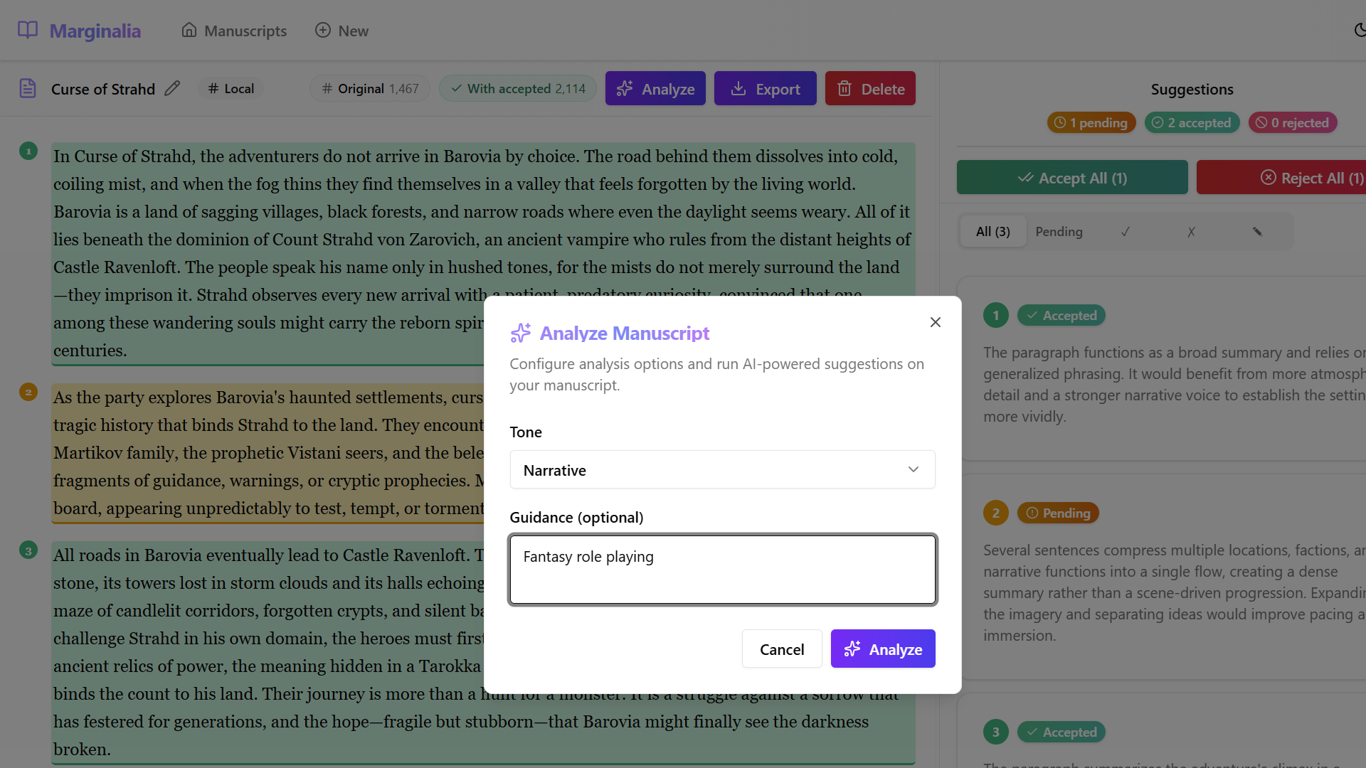 Re-analysis dialog configured with Narrative tone