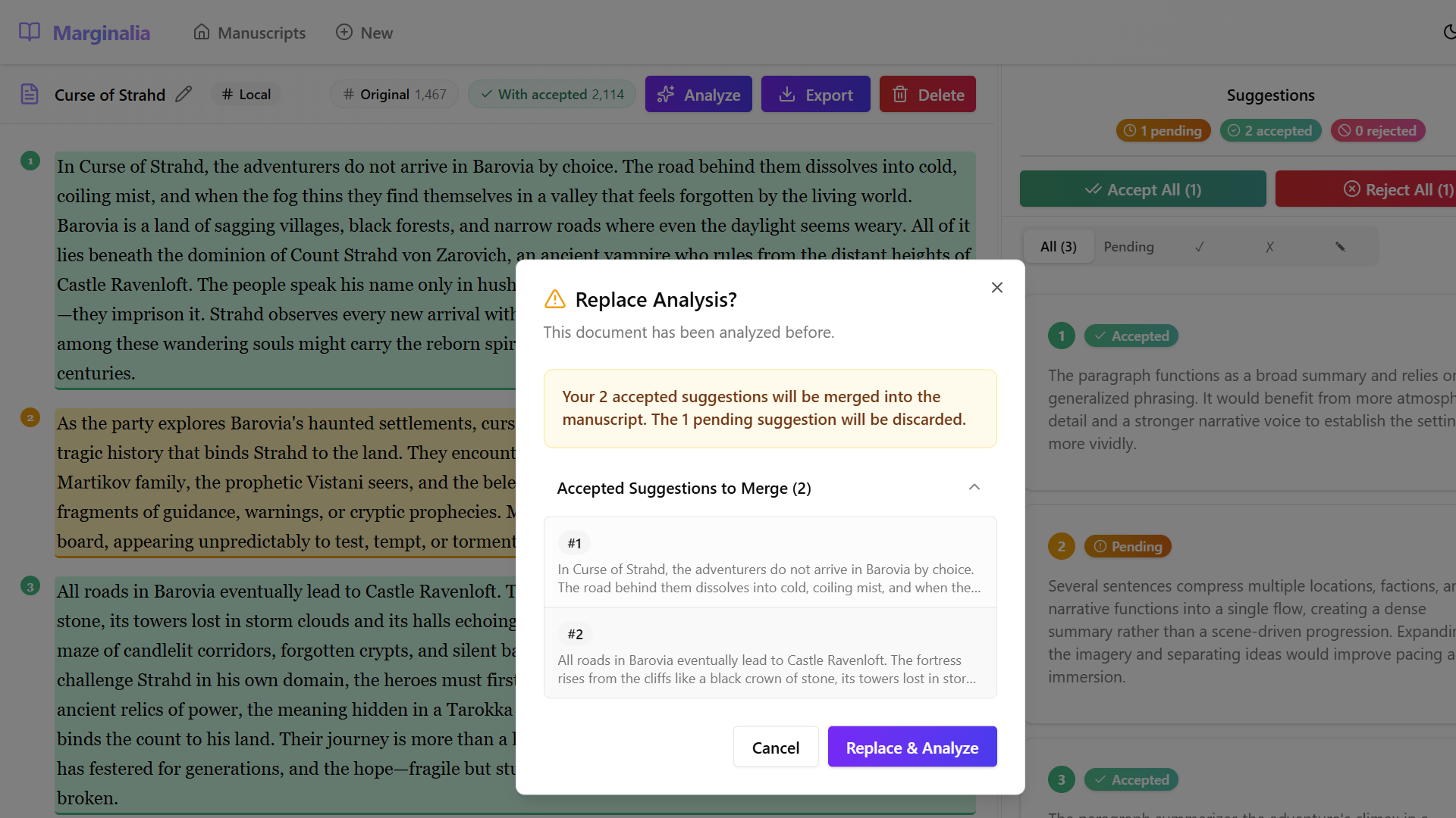 Replace Analysis confirmation showing merge details