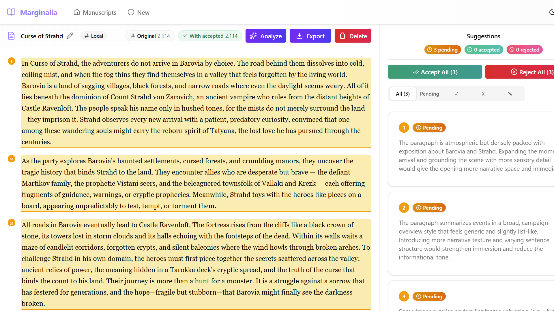 New analysis results with 3 fresh pending suggestions