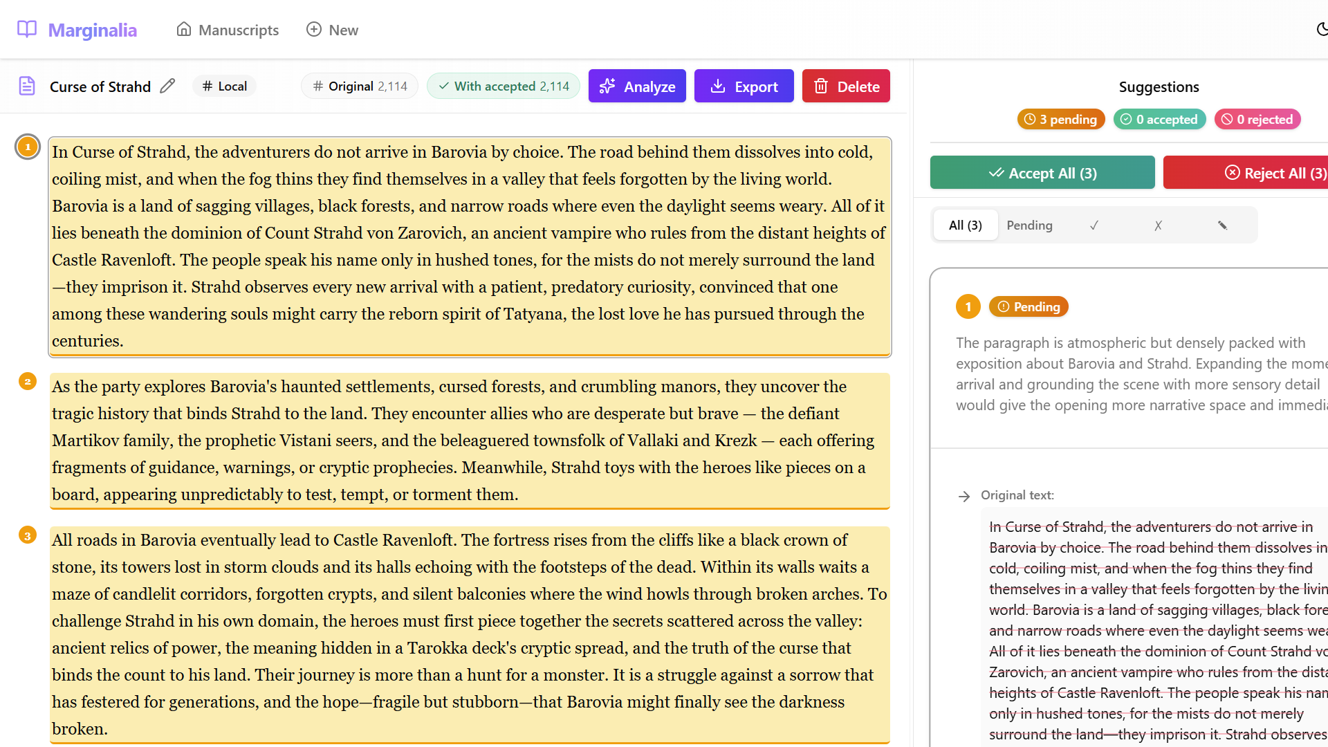 Suggestion expanded showing original and proposed text with Analyze button