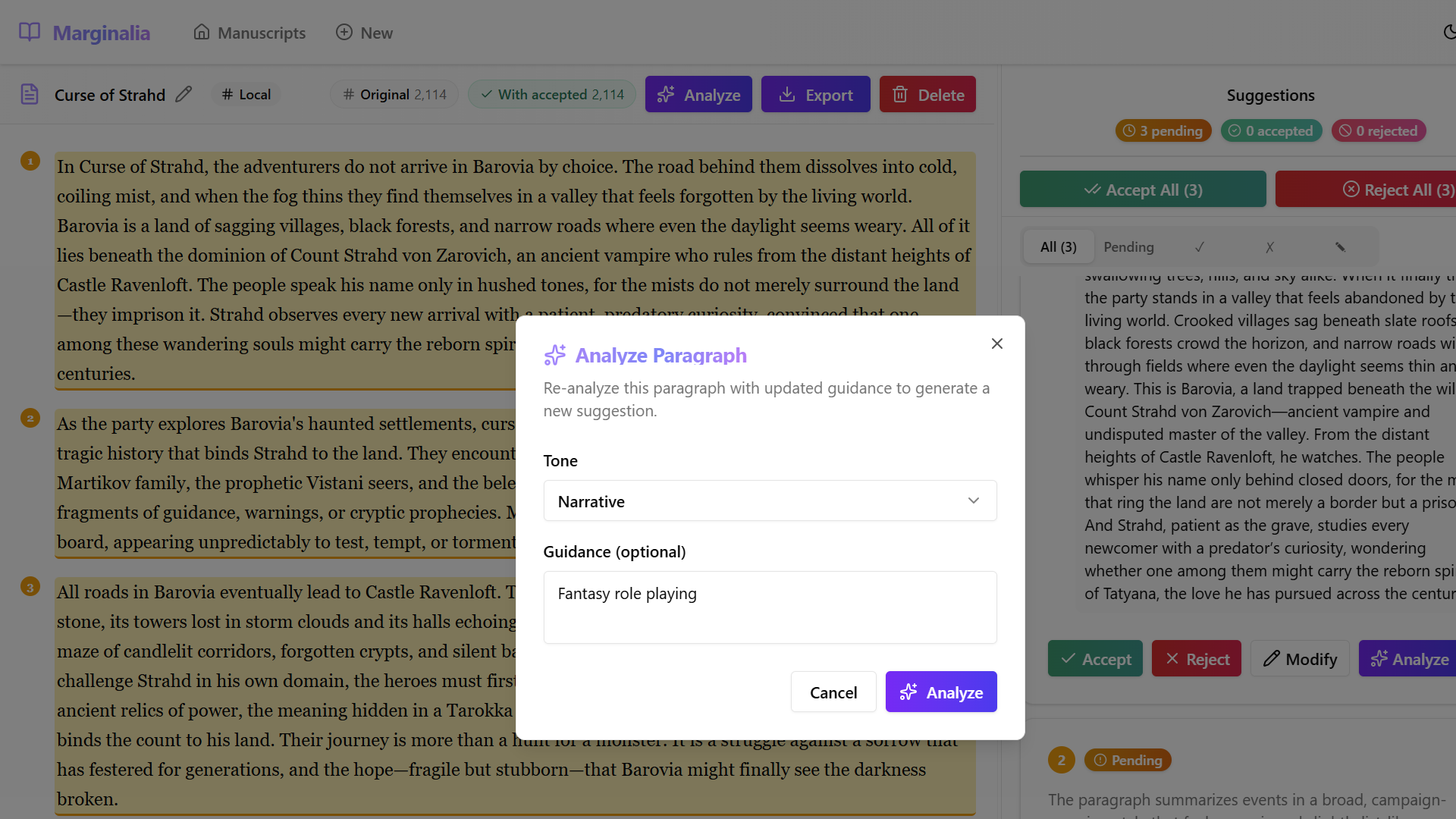 Analyze Paragraph dialog pre-populated with previous settings