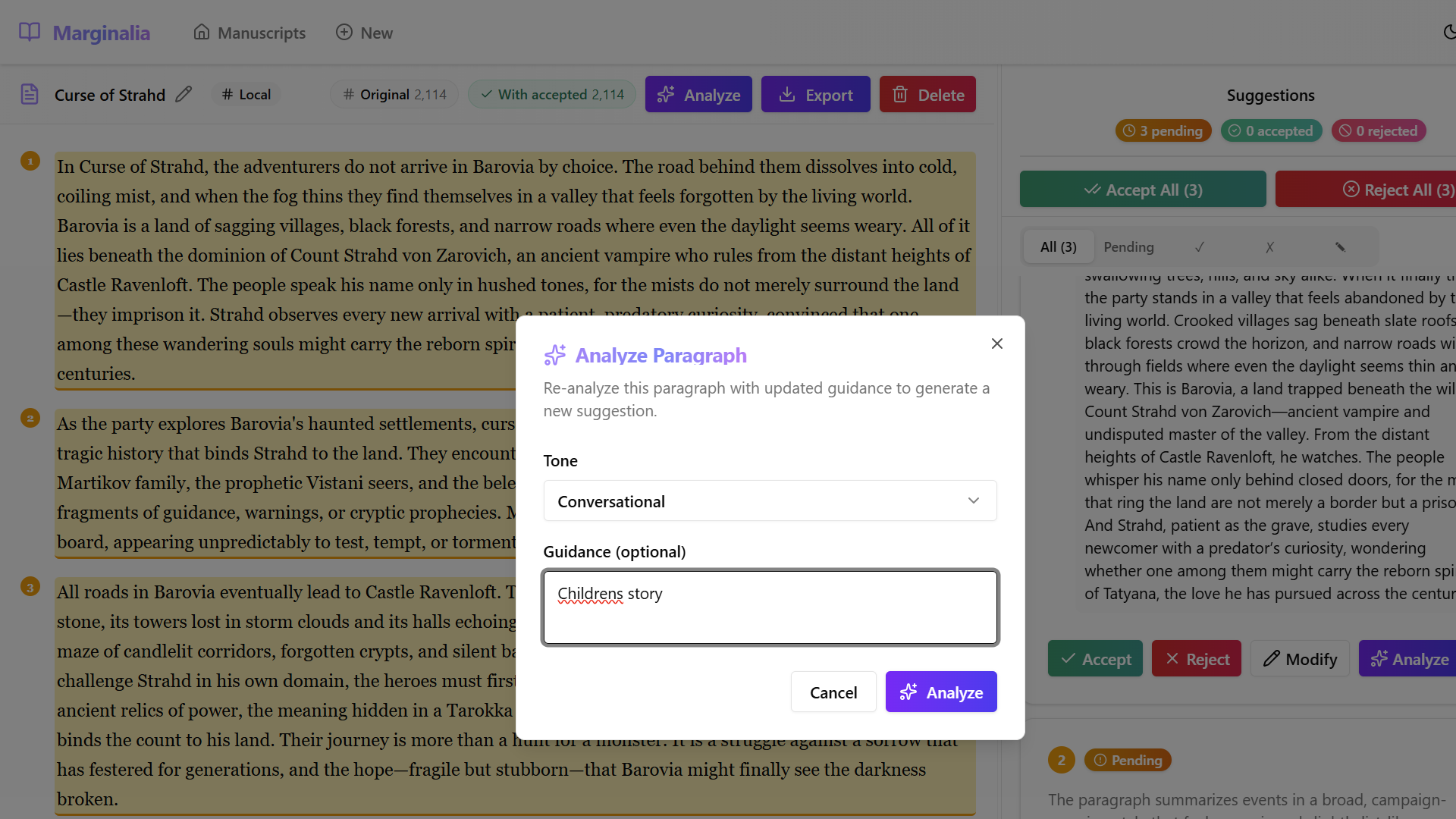 Analyze Paragraph dialog with Conversational tone and Childrens story guidance