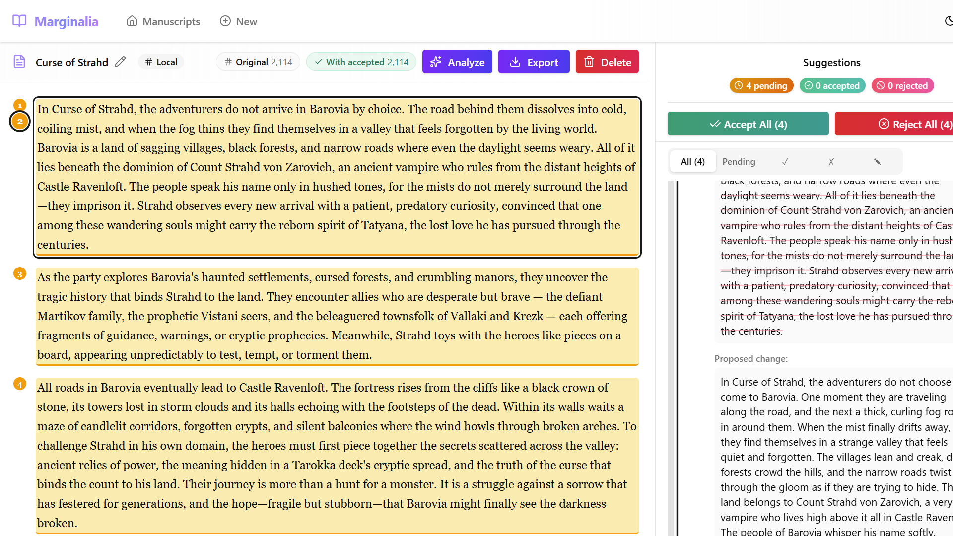 New per-paragraph suggestion with children's story tone alongside original